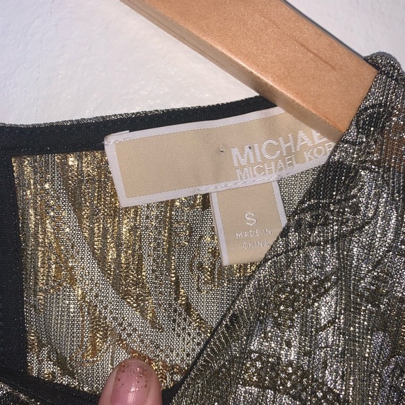 MICHAEL Michael Kors Gold Black Foil Paisley Long Sleeve Overlay Midi Dress - Picture 3 of 11